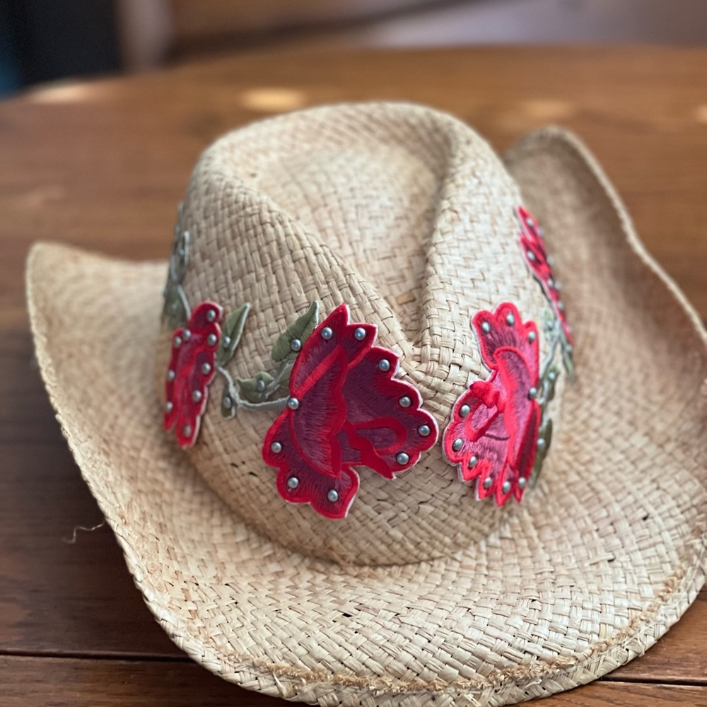 Straw Cowboy Hat with Red Floral Embellishments